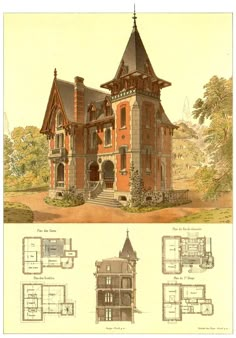 an old house is shown with plans for the front and back sides, including stairs