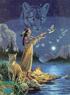 a painting of a native american woman and her two cubs by the water at night