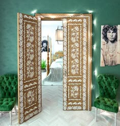 an open door leading into a green room with two chairs and pictures on the wall