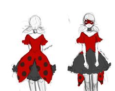 two drawings of ladybug dresses, one in red and the other in black