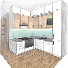 a drawing of a kitchen with white cabinets and wood floors