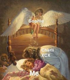 two children sleeping in bed with angel wings above them and the caption says, sophiie charlie xcx me