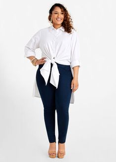 A plus size button-up shirt, but more laid-back somehow manages to remain sleek and stylish as it redefines a pulled-together style with a casual tunic length featuring side slits. Plus Size Trendy, Casual Tunics, Ashley Stewart, Line Store, Tunic Length, A Plus, Personal Marketing, Cute Fashion, Tunic Top