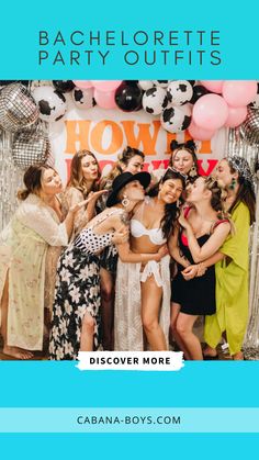 bachelor party outfits for girls with balloons and streamers in the background, text reads bachelor party outfits