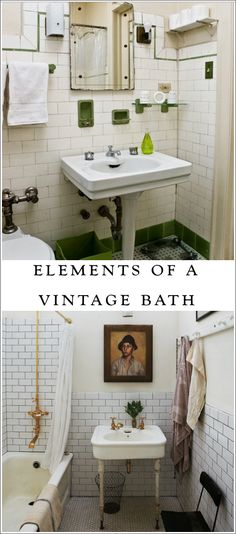 an old fashioned bathroom with white tiles and green accents