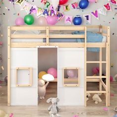 a child's bedroom with balloons and toys on the floor, including a bunk bed