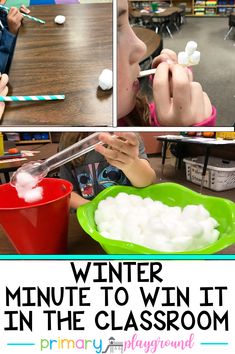 kids are making marshmallows in the classroom with text overlay that reads winter minute to win it in the classroom