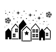 black and white silhouettes of houses with snowflakes in the sky above them