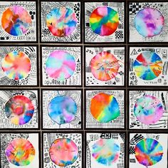 six different colored circles are shown in the middle of an art project with black and white paper