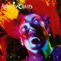 an image of a woman with her mouth open and the words alice in chains painted on it