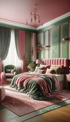 a bedroom decorated in pink and green tones