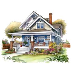 a blue house with white trim and flowers on the front porch is painted in watercolor