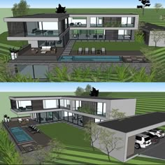 two renderings of a modern house with swimming pool