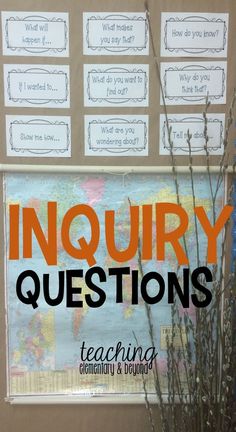 a bulletin board with the words inquiry questions written on it and some branches