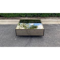 a square coffee table with a mirrored surface on the ground in front of some bushes