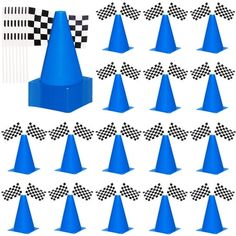 a set of blue cones with black and white checkered flags