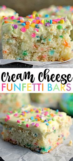 two pictures of cream cheese funfetti bars with sprinkles on them