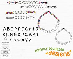 the alphabet and numbers are made up of different types of beaded bracelets, including one