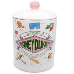 a white canister with the words honeyduke on it's front and bottom