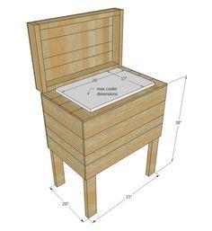 a wooden bed frame with an open drawer on the side and measurements for the mattress