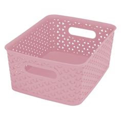 a pink plastic basket with holes on the sides and handles, is shown in front of a white background