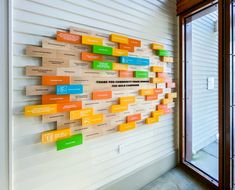 the wall is covered with many different types of sticky notes on wood planks that are attached to white walls