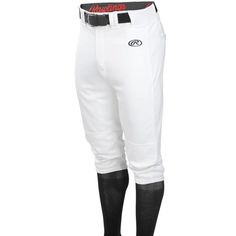 the baseball pants are white with black trims and red lettering on the bottom half