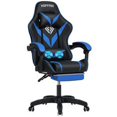 a black and blue gaming chair with the word hopfree on it's back