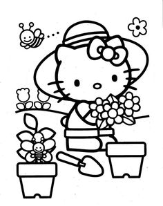 hello kitty gardening with flowers and bees coloring pages for kids to print on the wall