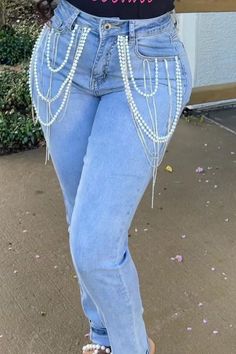 Silver Denim Outfit, Denim And Pearls Outfits Classy, Denim And Pearls Outfits, Pearl Outfits, Pearl Jeans, Pearl Outfit, Denim And Pearls, Rhinestone Outfit, Plus Size Baddie Outfits