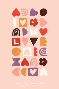 a poster with different shapes and colors on the back of it, including hearts, flowers, and other things