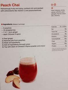 a menu for peach chai with information on the side