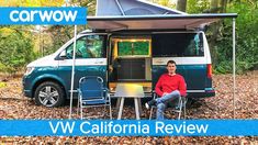 a man sitting in front of a camper van with the words, vw california review