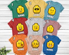 personalized lego t - shirts for kids with name and face on each one in different colors