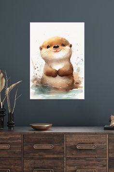 a watercolor painting of a brown and white otter sitting on top of a body of water