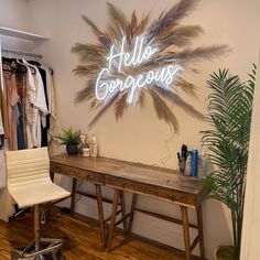 Hello Gorgeous Neon Sign Neon Sign With Feathers, Pampas Grass With Neon Sign, Neon Boutique Sign, Neon Light With Pampas, Neon Sign Hair Salon, Pampas Sign Decor, Led Sign With Pampas, Pampas Led Sign, At Home Hair Studio