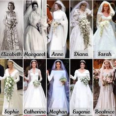 many different styles of wedding gowns with names in english and french, including the bride's dress