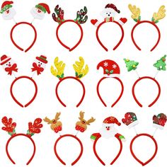 twelve christmas headbands with santa hats and reindeer antlers on them, all decorated in different colors