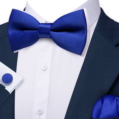 Silk Pre-Tied Mens Blue Solid Bow Tie Hanky Cufflinks Set Classic Blue Bow Tie And Suit Accessories, Classic Blue Suit And Bow Tie Accessories, Blue Adjustable Bow Tie And Suit Accessories, Blue Cufflinks For Father's Day Formal Occasion, Blue Cufflinks For Father's Day Formal Wear, Blue Cufflinks For Father's Day Formal Events, Blue Cufflinks For Business And Father's Day, Formal Blue Bow Tie And Suit Accessories, Formal Blue Suit And Bow Tie Accessories