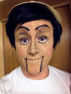 Wooden Dummy/Pinocchio makeup Pinocchio Makeup Shrek, Shrek The Musical Makeup, Pinocchio Makeup, Shrek Makeup, Puppet Makeup, Musical Makeup, Shrek Jr, Shrek Costume, Wooden Dummy