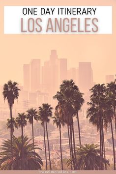 palm trees in front of a city skyline with the words one day itinerary los angeles