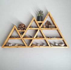 a wooden shelf filled with various items on top of a white wall next to a potted plant