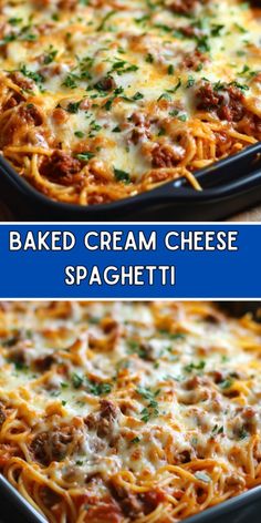 baked cream cheese spaghetti in a casserole dish with parmesan cheese and meat