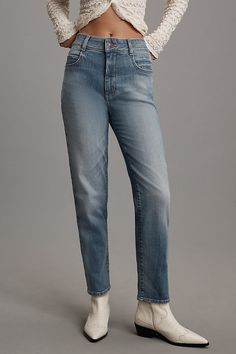 These jeans by Pilcro feature a high-rise and a tapered leg. They are made of cotton and elastane blend. Leg Machines, Tapered Jeans, Tapered Legs, Day Dresses, Put On, How To Look Better, Anthropologie, High Rise, Top Brands