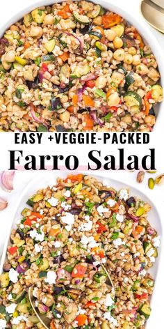 two bowls filled with farro salad and the words easy veggie - packed farro salad