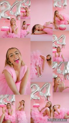 a collage of photos with the number twenty four in silver and pink tutues