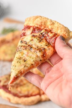 a hand holding up a slice of pizza