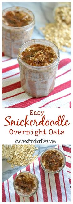 two bowls filled with overnight oatmeal sitting on top of a red and white striped table cloth