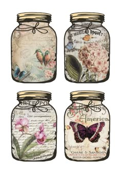 four mason jars with butterflies and flowers on them