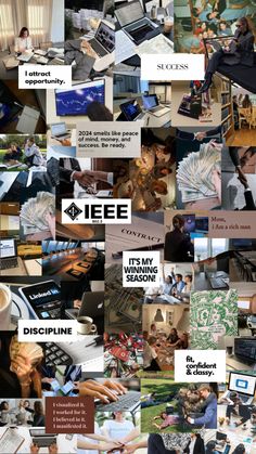 a collage of images with people working on laptops and other things in them